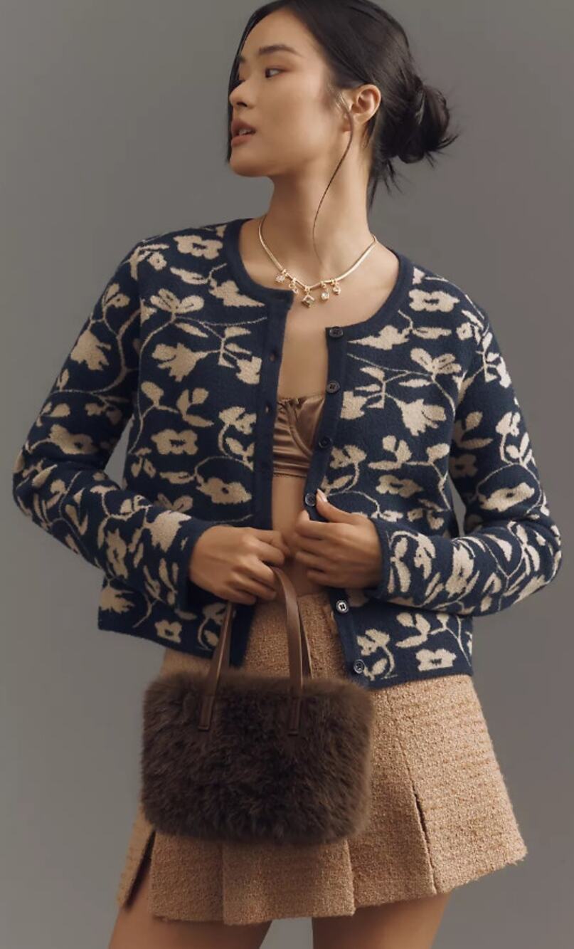 Anthropologie NVLT Floral Lady Cardigan Coat Navy Beige Knit XL Boho Cozy Fall